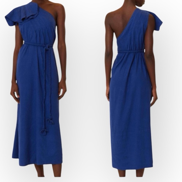 Farm Rio Women's One-Shoulder Leaf Blue Midi Maxi Lenzing Dress M Belted Waist - Picture 1 of 10